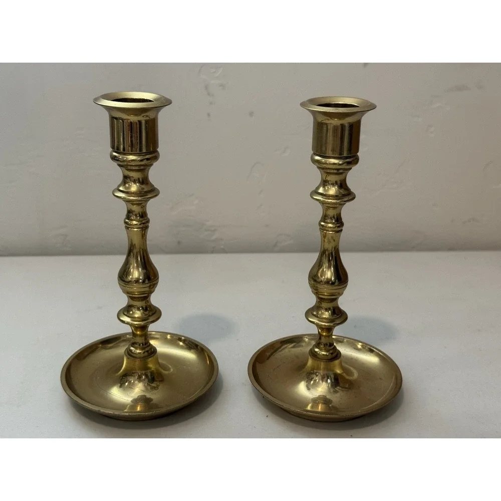 Vintage Pair of Brass Candle Sticks with Drip‎ Plate 7